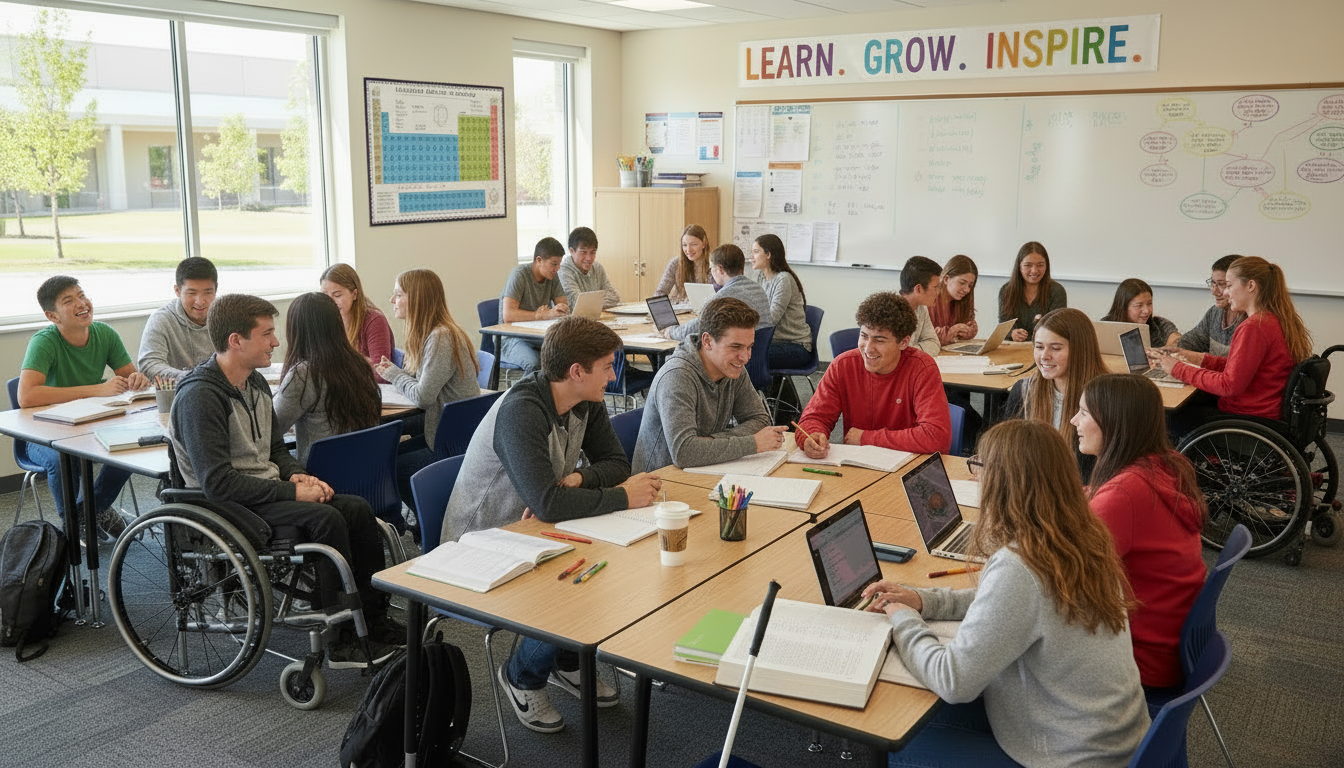 un gruppo di studenti delle scuole superiori che studiano insieme in un ambiente scolastico inclusivo, con almeno uno studente in sedia a rotelle e uno studente non vedente (ad esempio con bastone bianco o libro braille)