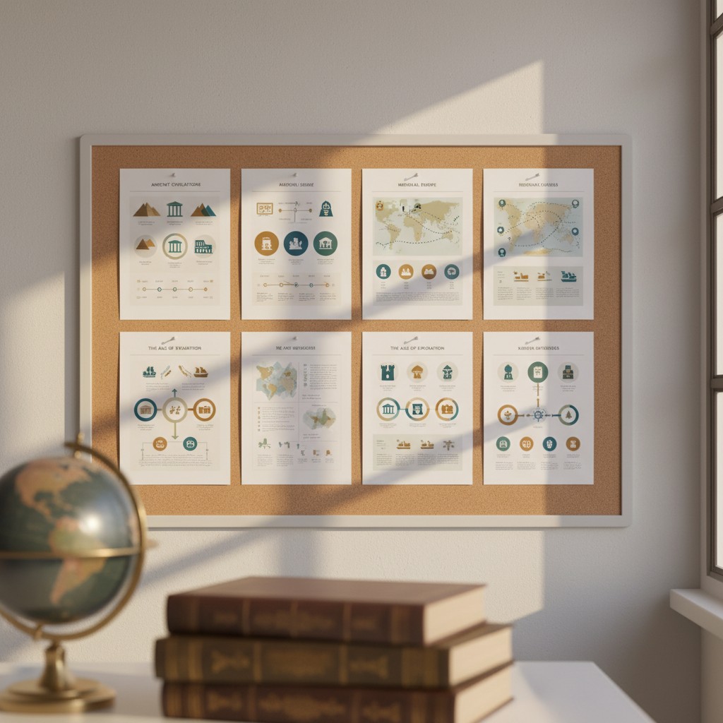 Display board with pictures of world history stages