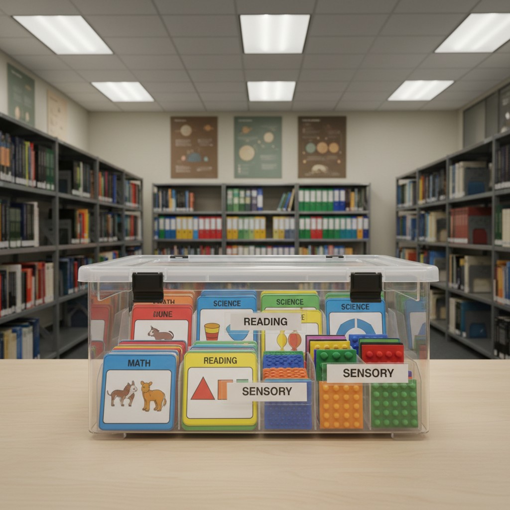 Immagini nello scomparto per l'insegnamento delle persone con disabilità visuali di diversi tipi.