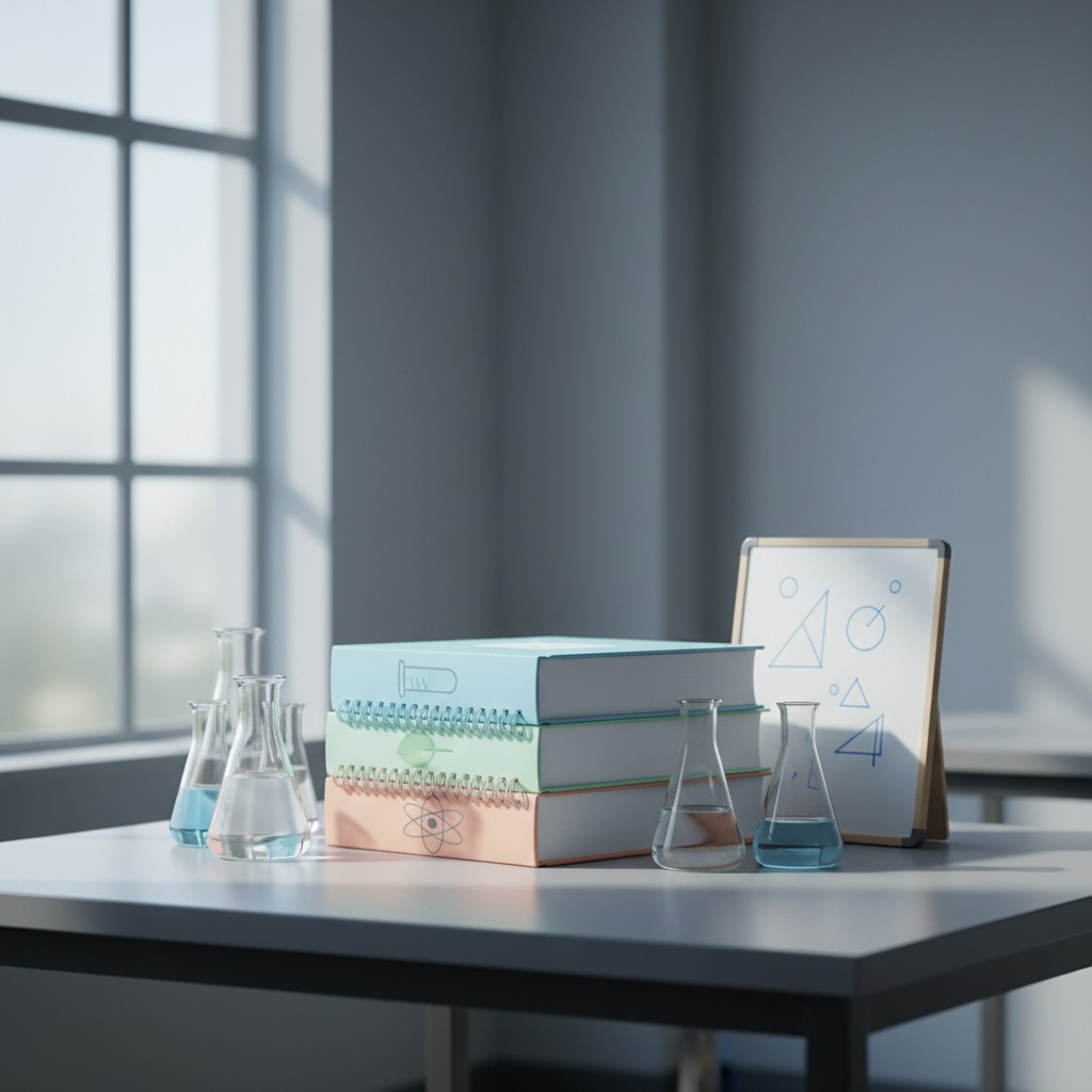 La foto per un laboratorio di chimica in quale esistono delle fiale, dei raccoglitori, un vetro bianco per disegnare, e un...