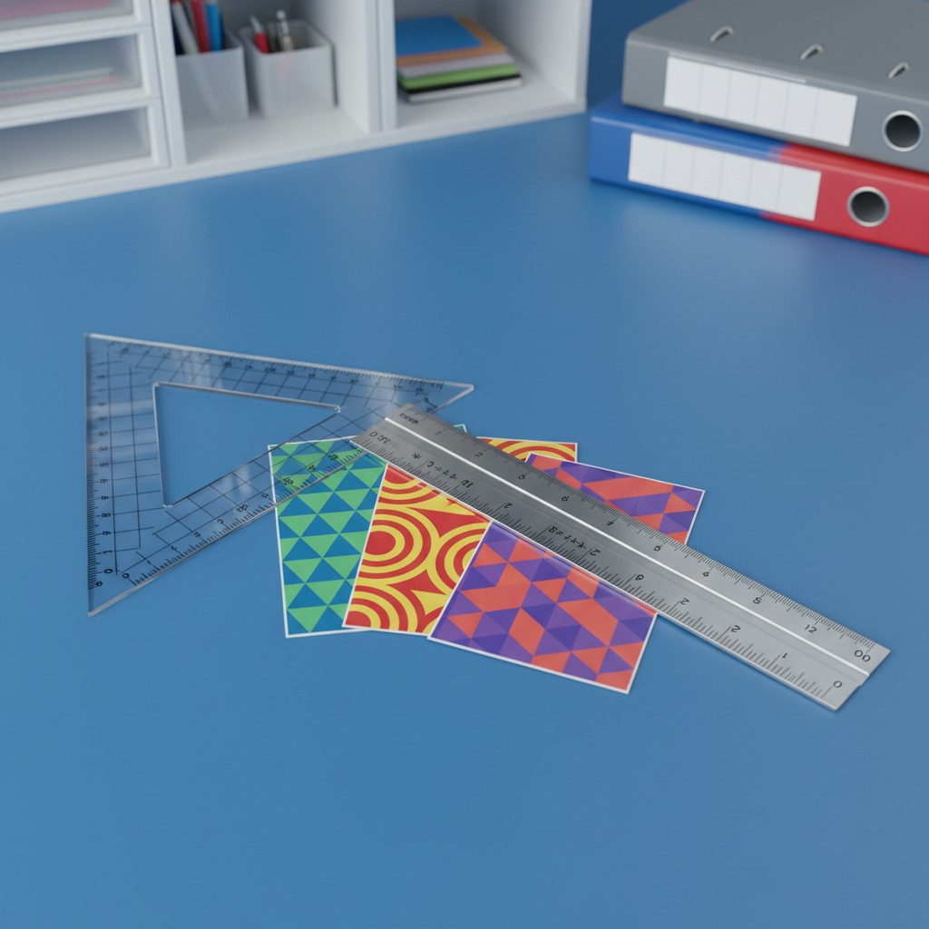 The image shows a ruler, a set square, and three stickers of various kinds. Here is the alt text in Italian: "Regolo, stil...